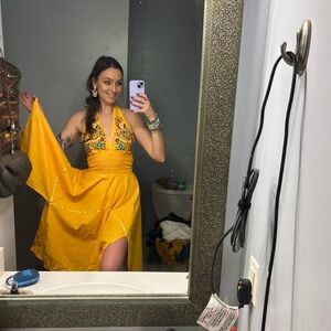 Yellow Cotton Mexican Halter Dress with Floral Embroidery Handkerchief Hem